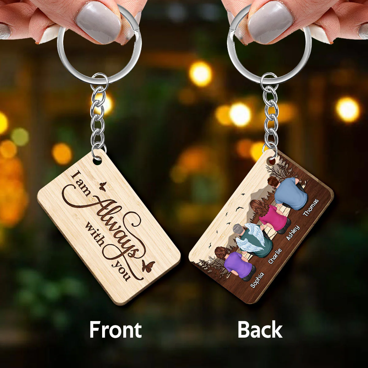 Always With You Forest Family Memorial Remembrance Keepsake Personalized Wooden Keychain - Image 3