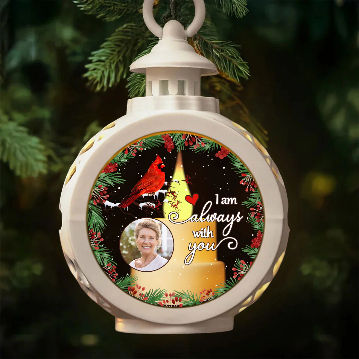 Always With You Holly Branch Cardinal Memorial Photo Upload Personalized Lantern Ornament, Remembrance Gift - Image 2