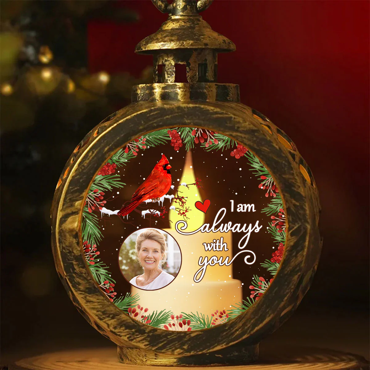 Always With You Holly Branch Cardinal Memorial Photo Upload Personalized Lantern Ornament, Remembrance Gift - Image 3