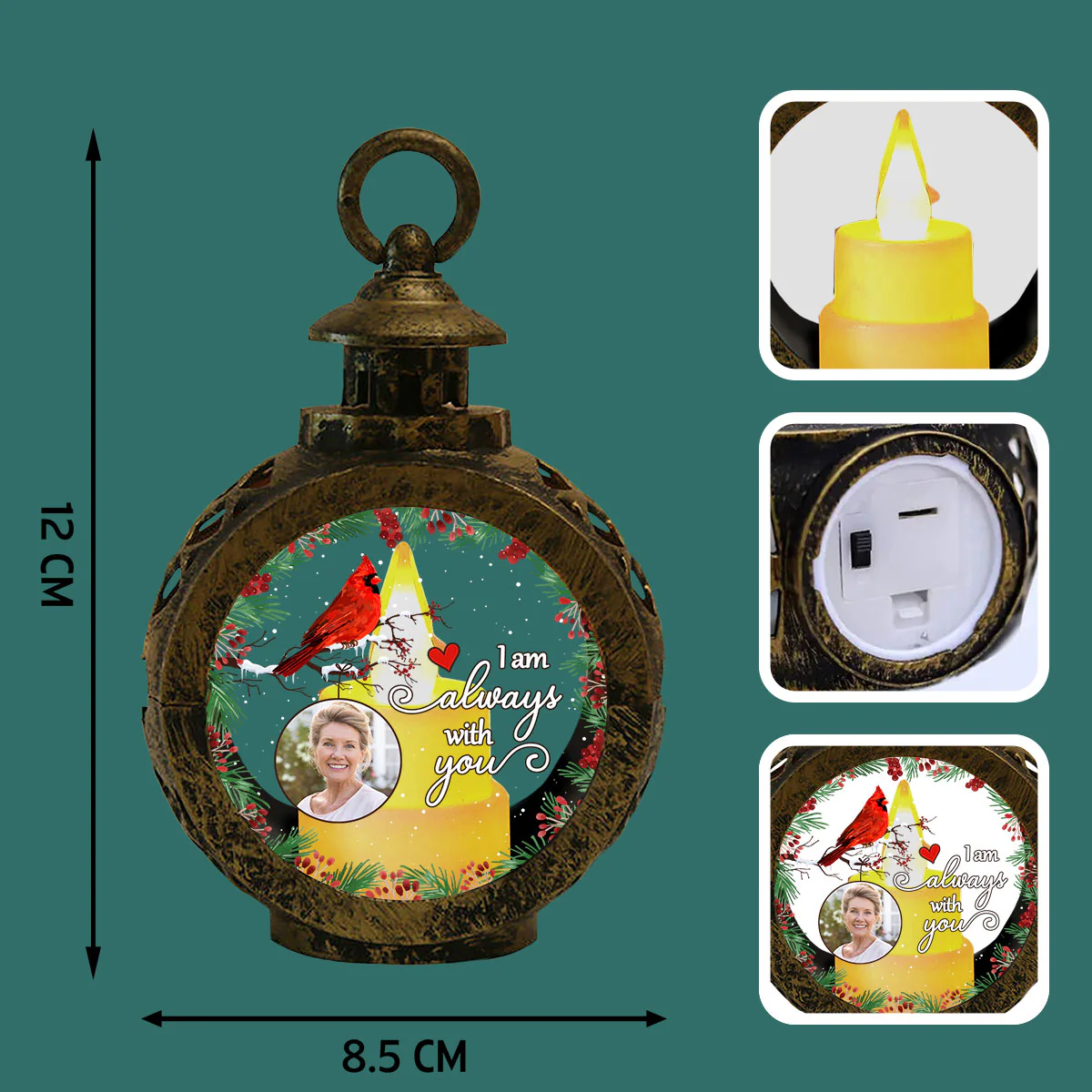 Always With You Holly Branch Cardinal Memorial Photo Upload Personalized Lantern Ornament, Remembrance Gift - Image 9
