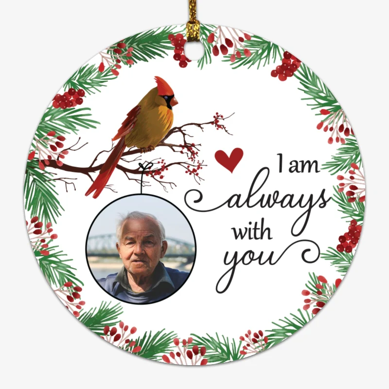 Always With You Holly Branch Cardinal Personalized Photo Circle Ornament - Image 2
