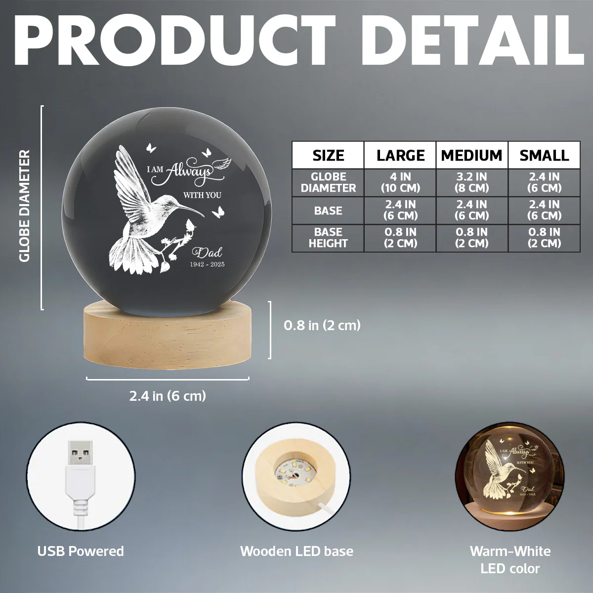 Always With You Hummingbird - Personalized Crystal Ball LED Night Light - Memorial Remembrance Keepsake - Image 10