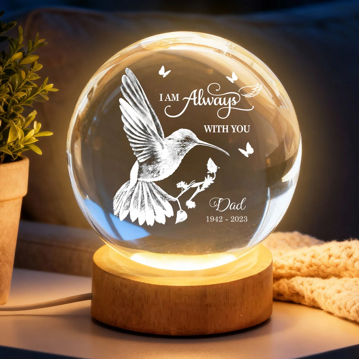 Always With You Hummingbird - Personalized Crystal Ball LED Night Light - Memorial Remembrance Keepsake - Image 12