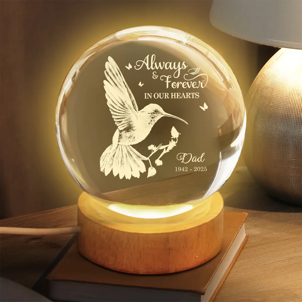 Always With You Hummingbird - Personalized Crystal Ball LED Night Light - Memorial Remembrance Keepsake - Image 4