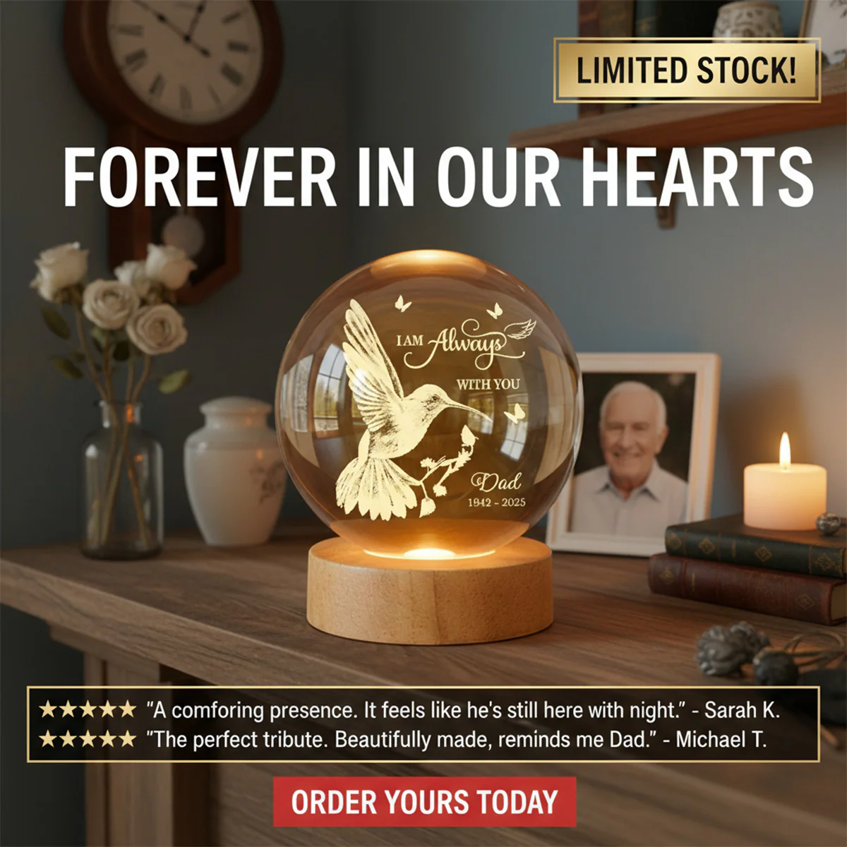 Always With You Hummingbird - Personalized Crystal Ball LED Night Light - Memorial Remembrance Keepsake - Image 8