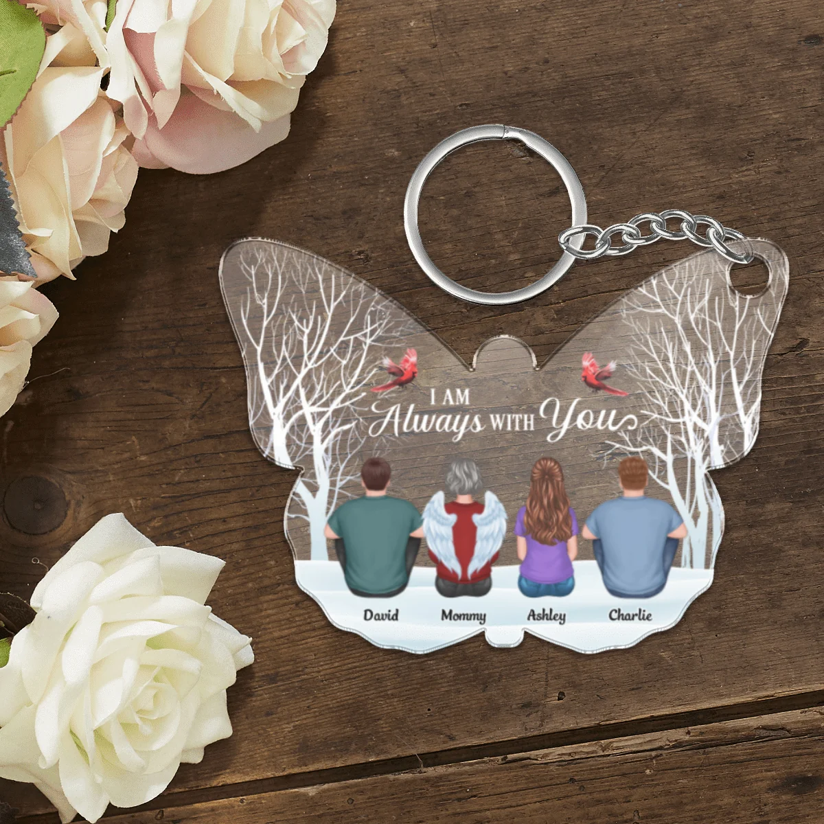 Always With You Memorial Family Back View Personalized Butterfly Shaped Acrylic Keychain - Image 4