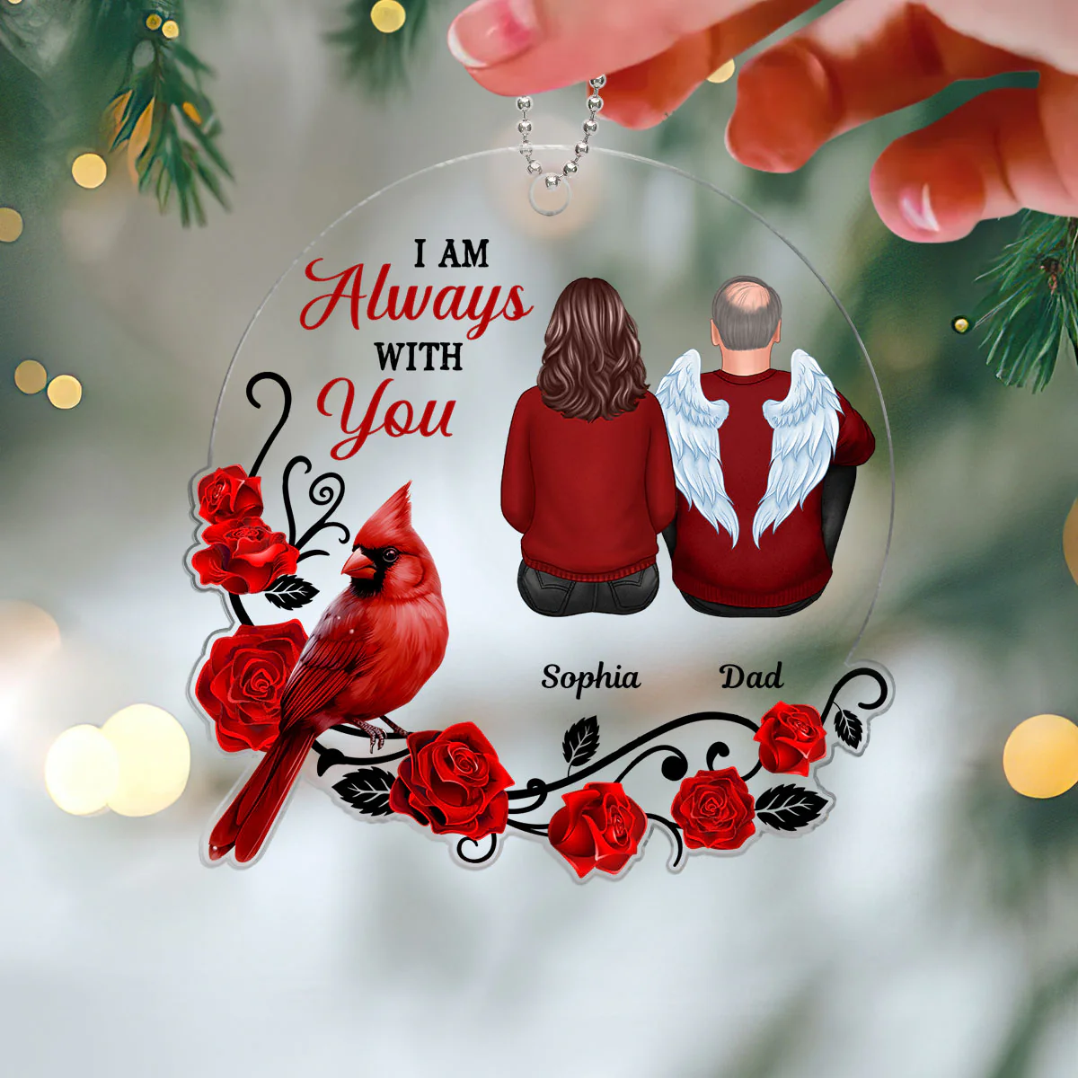 Always With You Roses Cardinal Family Remembrance Memorial Keepsake Christmas Personalized Acrylic Ornament - Image 3