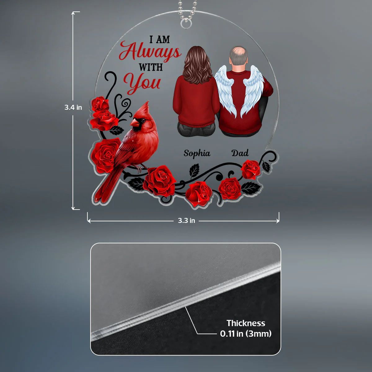 Always With You Roses Cardinal Family Remembrance Memorial Keepsake Christmas Personalized Acrylic Ornament - Image 4
