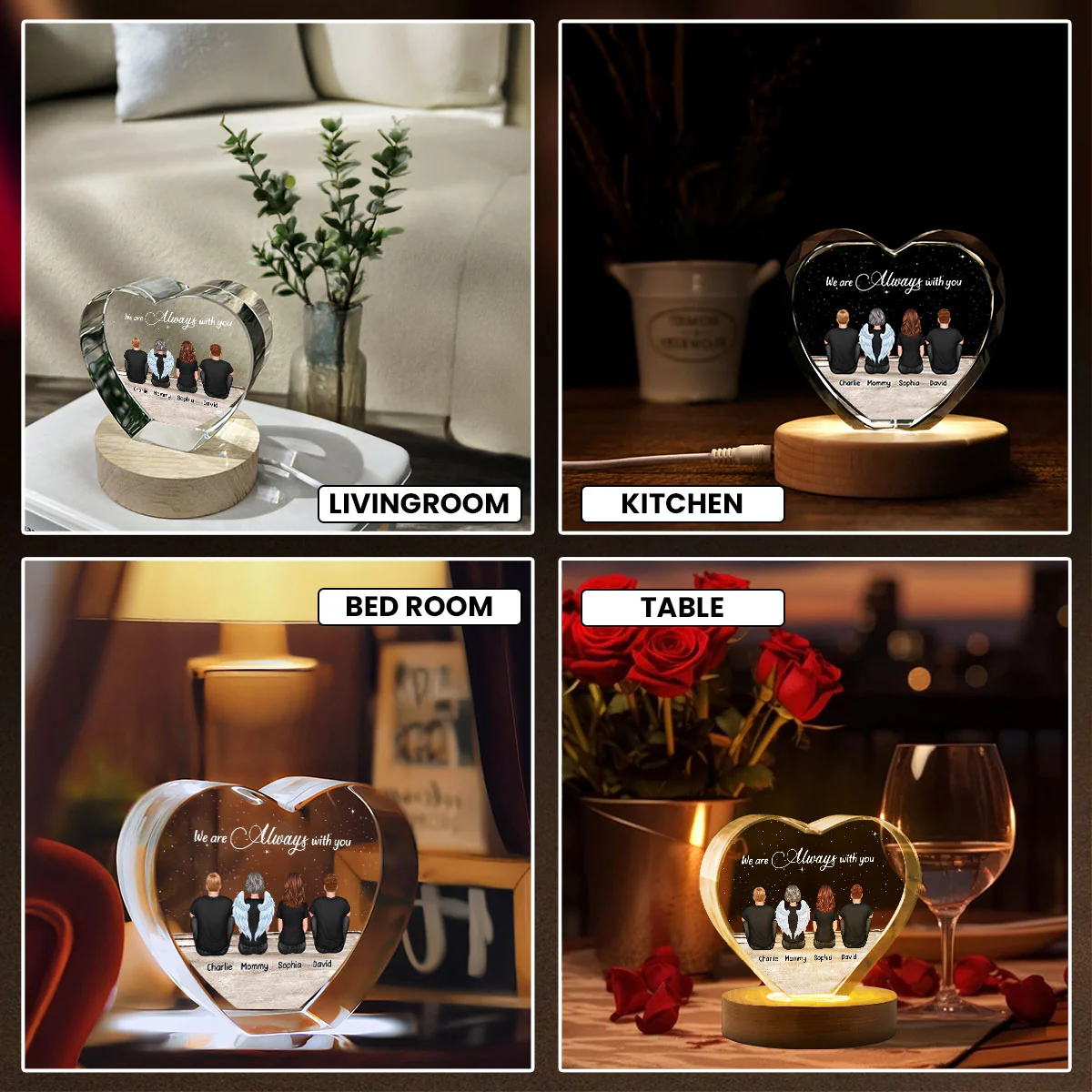 Always With You Sky Family Members, Memorial Personalized Premium Crystal Heart LED, Sympathy Gift - Image 11