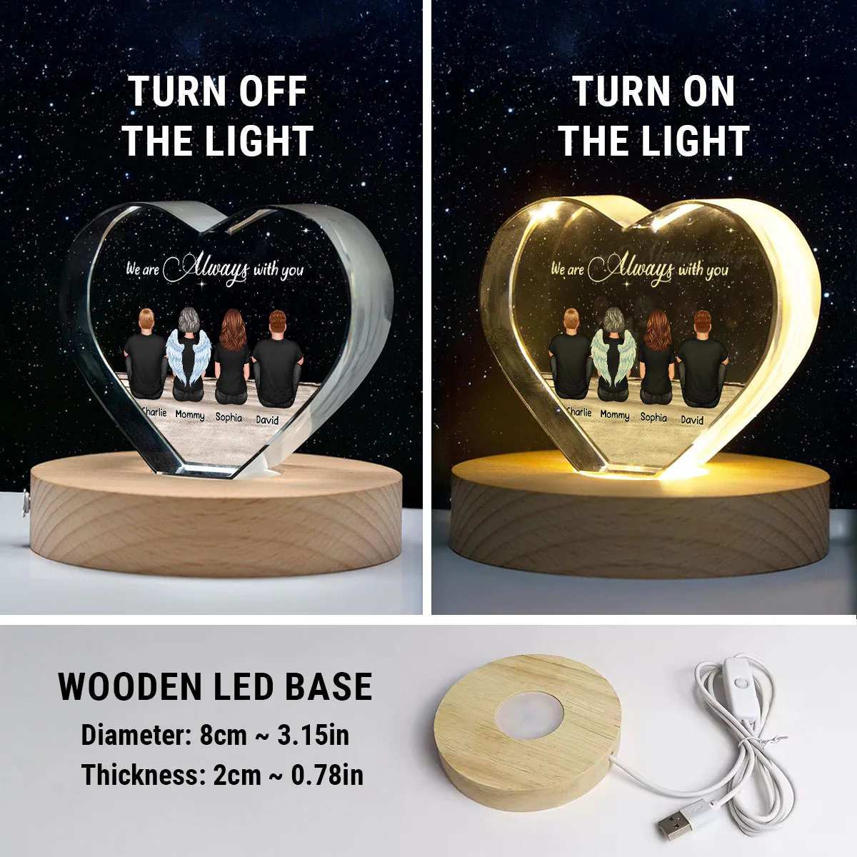 Always With You Sky Family Members, Memorial Personalized Premium Crystal Heart LED, Sympathy Gift, Free Delivery Included - Image 10