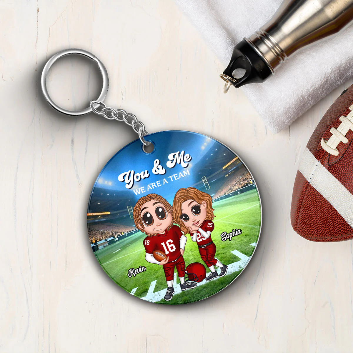 Always Your Biggest Fan American Football Couple Y2K Style Personalized Circle Acrylic Keychain - Image 2