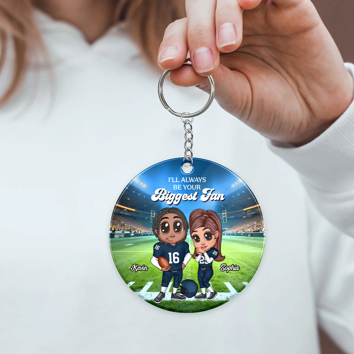 Always Your Biggest Fan American Football Couple Y2K Style Personalized Circle Acrylic Keychain - Image 5