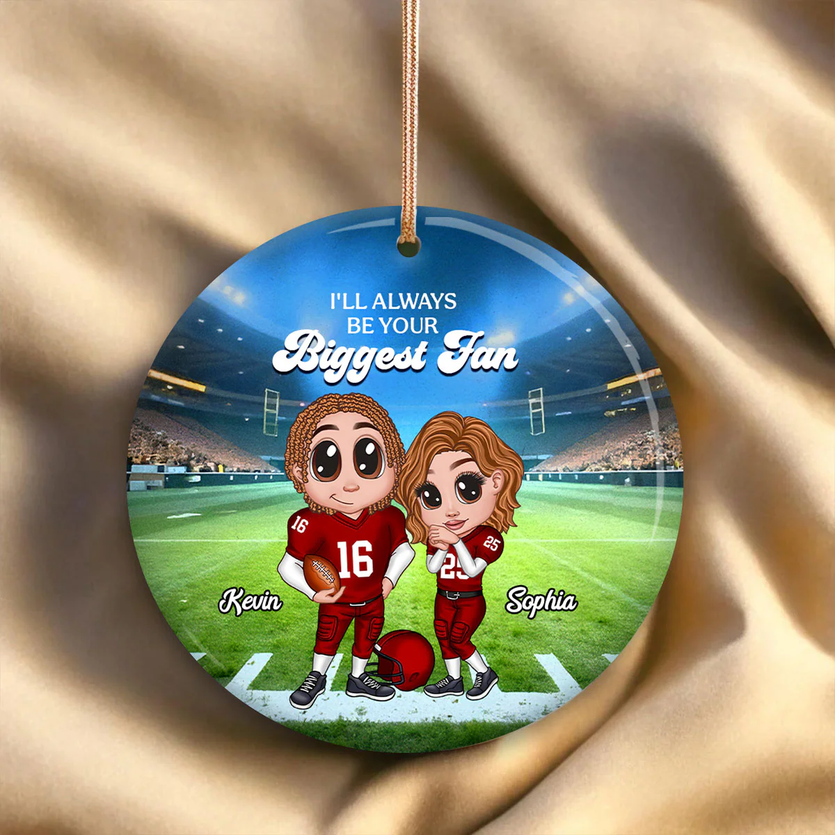 Always Your Biggest Fan American Football Couple Y2K Style Personalized Circle Ceramic Ornament - Image 6