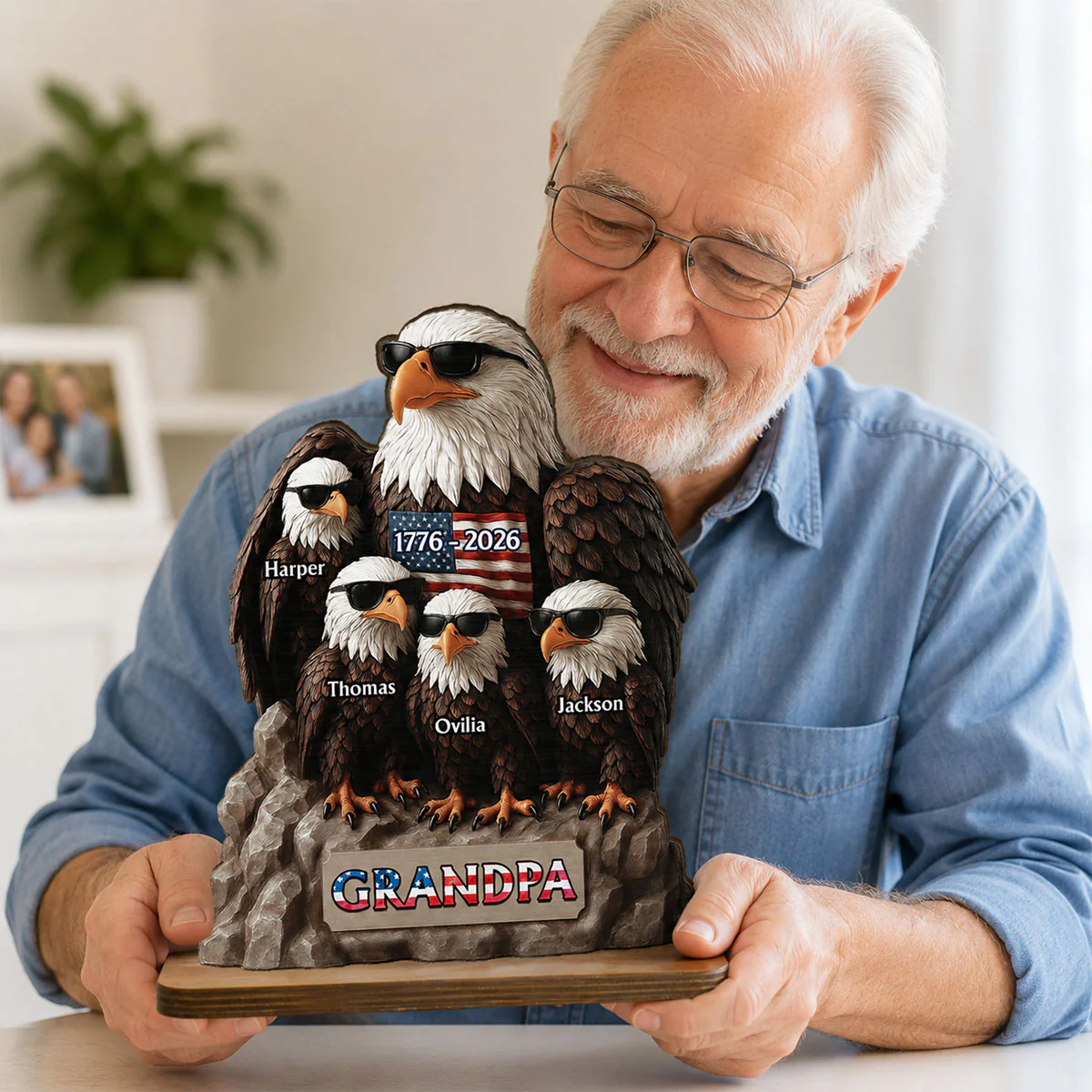 America 250th Anniversary Patriotic Eagle Grandpa Dad & Kids - Personalized 2-Layered Wooden Plaque - Gift, 250th Anniversary Gift, Keepsake For Grandpa, Dad - Image 9