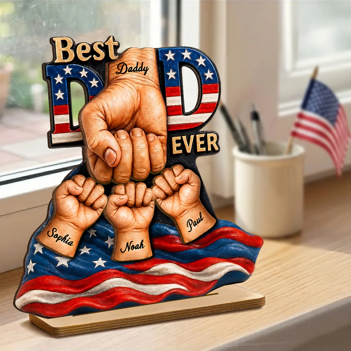 American Dad And Kids Fist Bump - Personalized 2-Layered Wooden Plaque -  Gift For Dad, Husband - Image 2