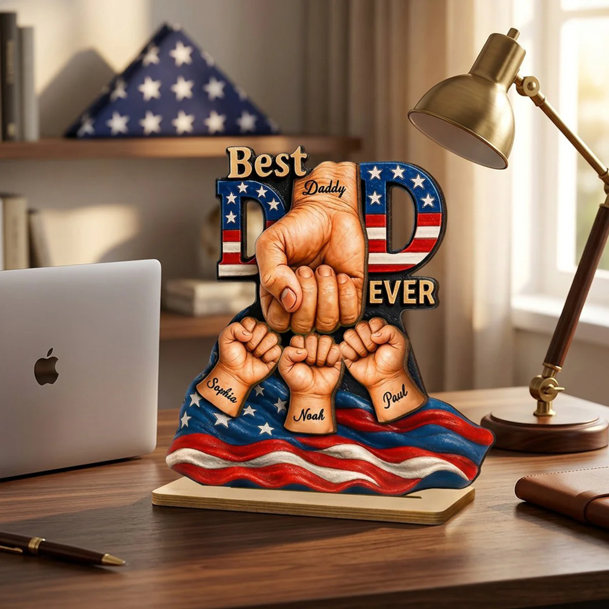American Dad And Kids Fist Bump - Personalized 2-Layered Wooden Plaque -  Gift For Dad, Husband - Image 3
