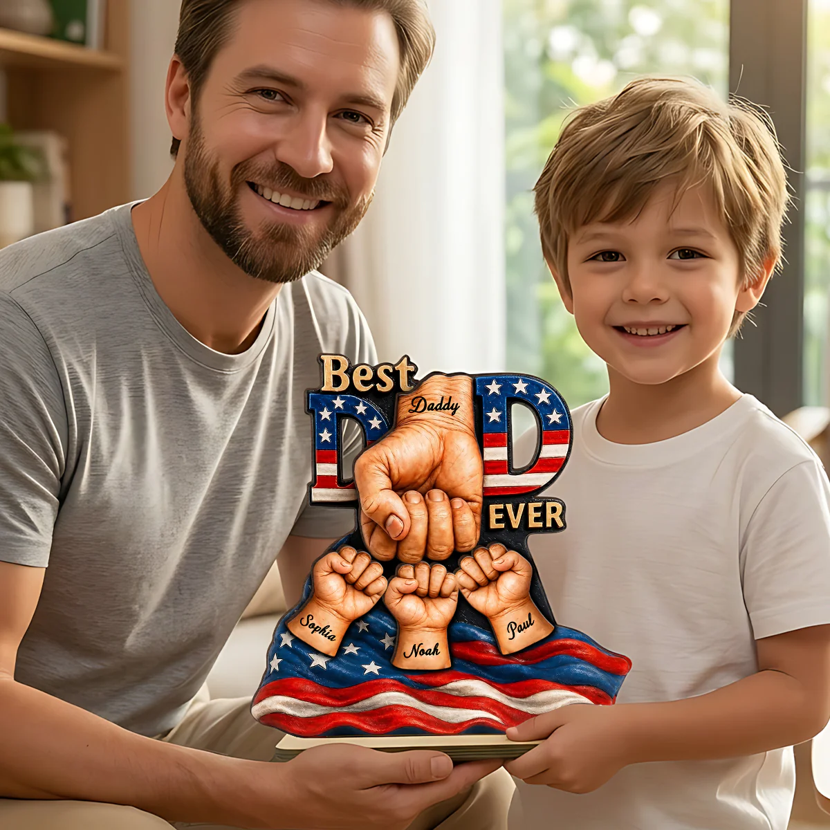 American Dad And Kids Fist Bump - Personalized 2-Layered Wooden Plaque -  Gift For Dad, Husband - Image 5