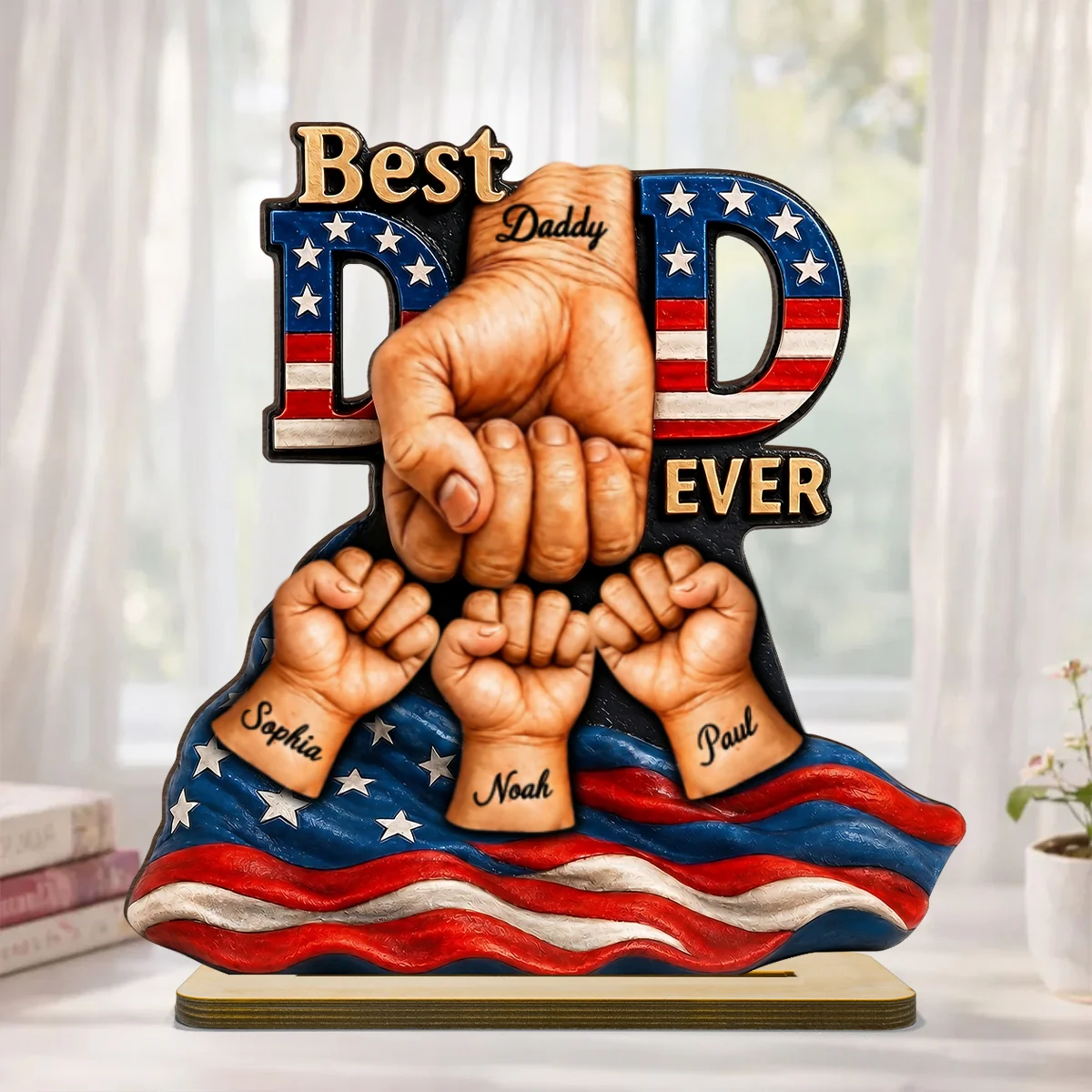 American Dad And Kids Fist Bump - Personalized 2-Layered Wooden Plaque -  Gift For Dad, Husband - Image 9