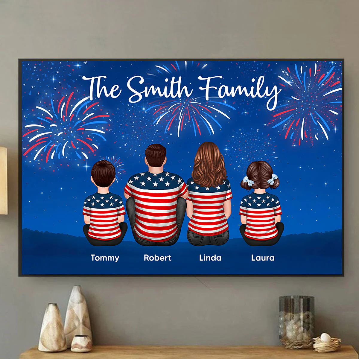 American Family At Night Firework 4th Of July Personalized Poster, Father's Day gift, gift for family - Image 6