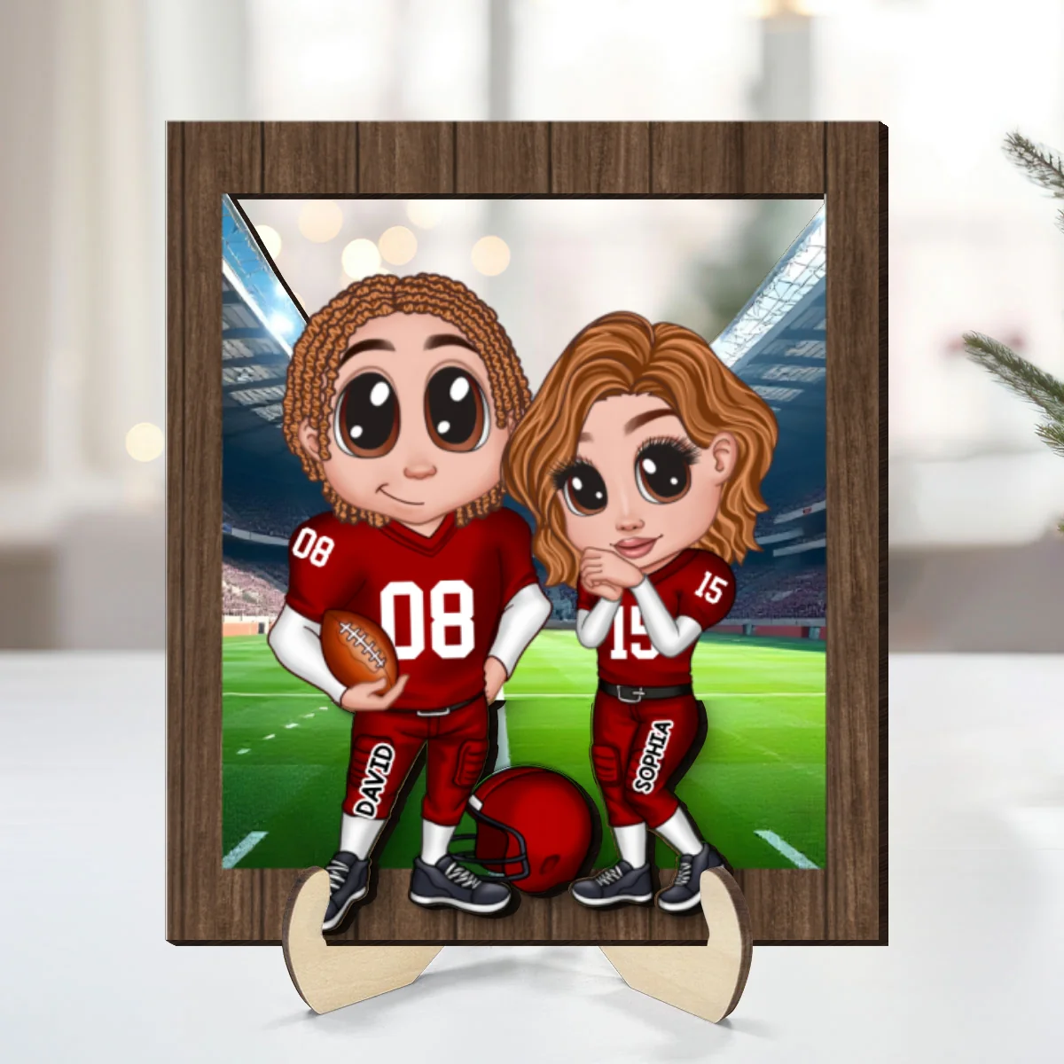 American Football Couple Y2K Style At Field Personalized 2-Layer Wooden Plaque, Gift for Couples, Gift For Football Fans, Super Bowl 2025 - Image 9