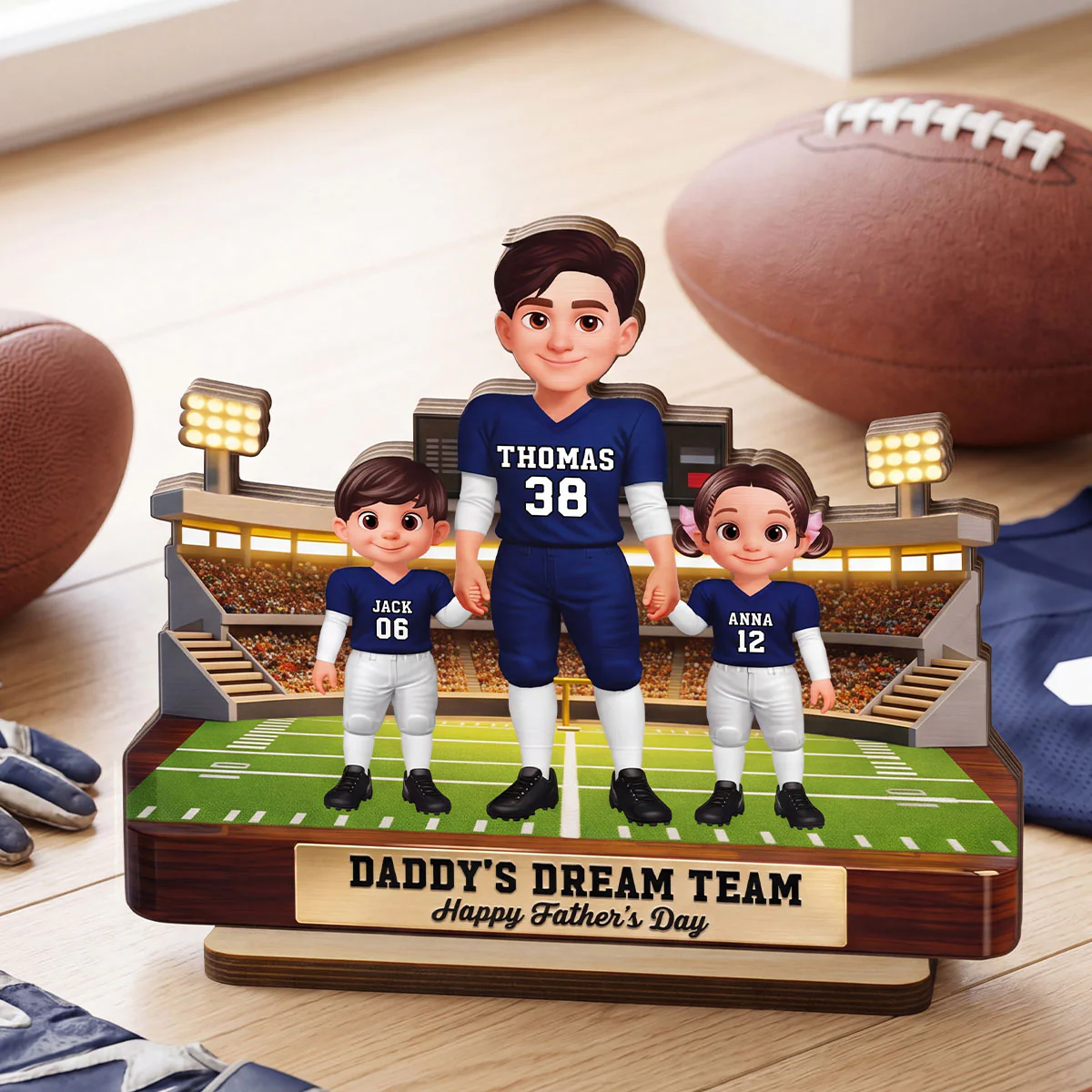 American Football Dad And Kids - Personalized 2-Layered Wooden Plaque - Gift For Dad - Image 6