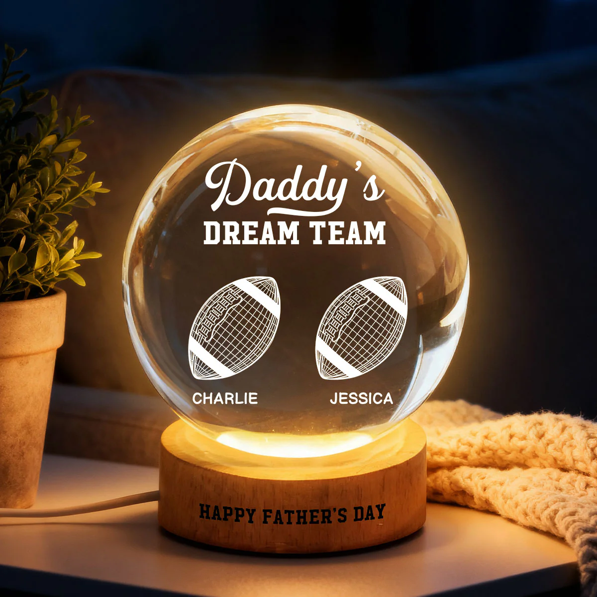 American Football Daddy's Dream Team Illusion Style - Personalized Crystal Ball LED Night Light - Gift For Dad, Husband