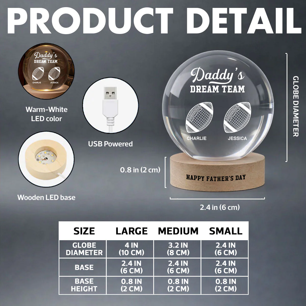 American Football Daddy's Dream Team Illusion Style - Personalized Crystal Ball LED Night Light - Gift For Dad, Husband - Image 10