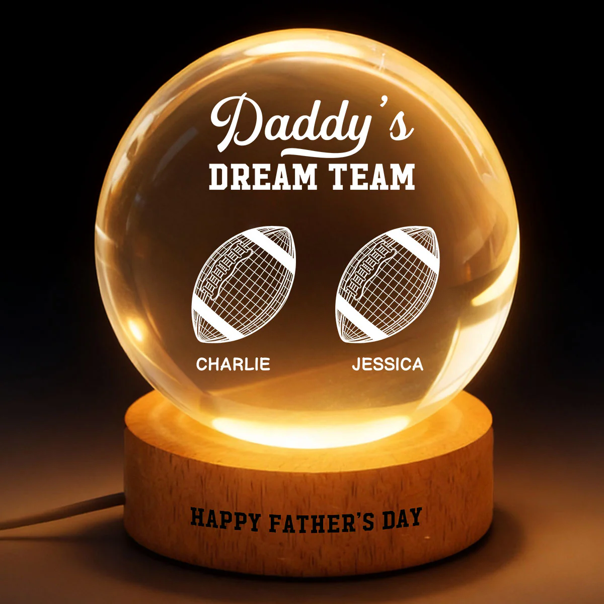 American Football Daddy's Dream Team Illusion Style - Personalized Crystal Ball LED Night Light - Gift For Dad, Husband - Image 2