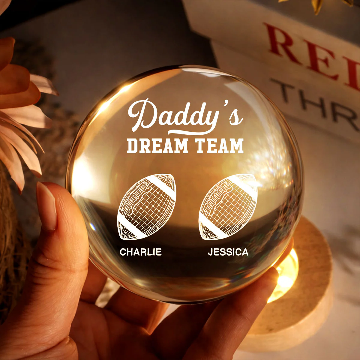 American Football Daddy's Dream Team Illusion Style - Personalized Crystal Ball LED Night Light - Gift For Dad, Husband - Image 3