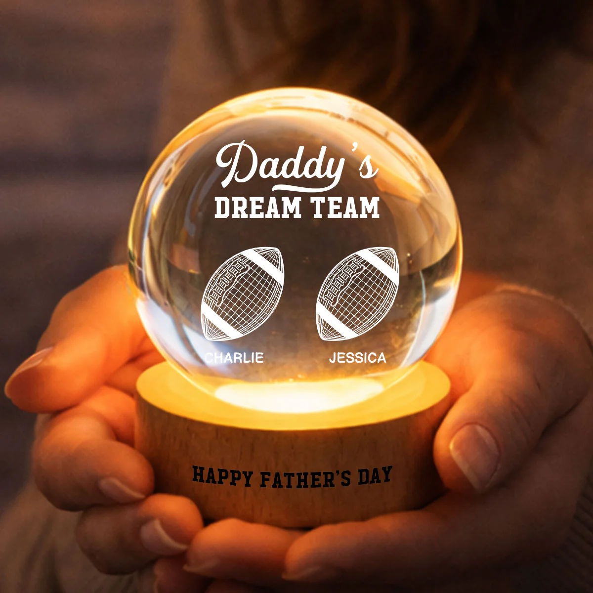 American Football Daddy's Dream Team Illusion Style - Personalized Crystal Ball LED Night Light - Gift For Dad, Husband - Image 4