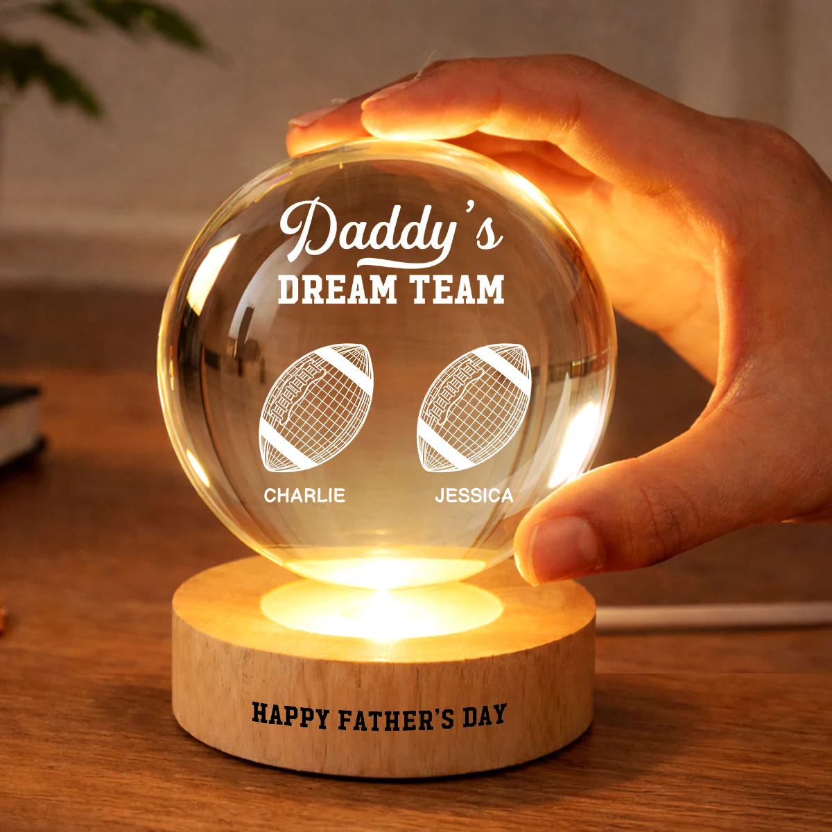 American Football Daddy's Dream Team Illusion Style - Personalized Crystal Ball LED Night Light - Gift For Dad, Husband - Image 5