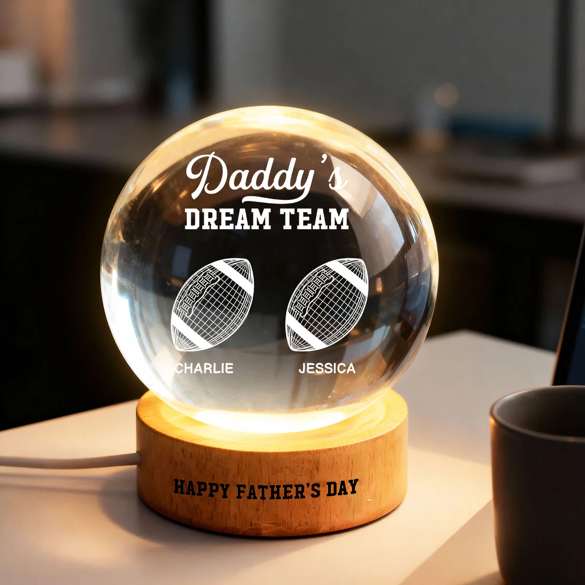 American Football Daddy's Dream Team Illusion Style - Personalized Crystal Ball LED Night Light - Gift For Dad, Husband - Image 6
