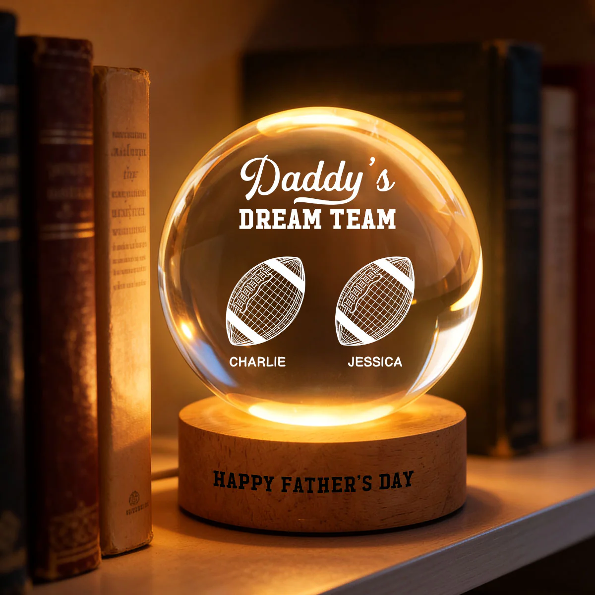 American Football Daddy's Dream Team Illusion Style - Personalized Crystal Ball LED Night Light - Gift For Dad, Husband - Image 7