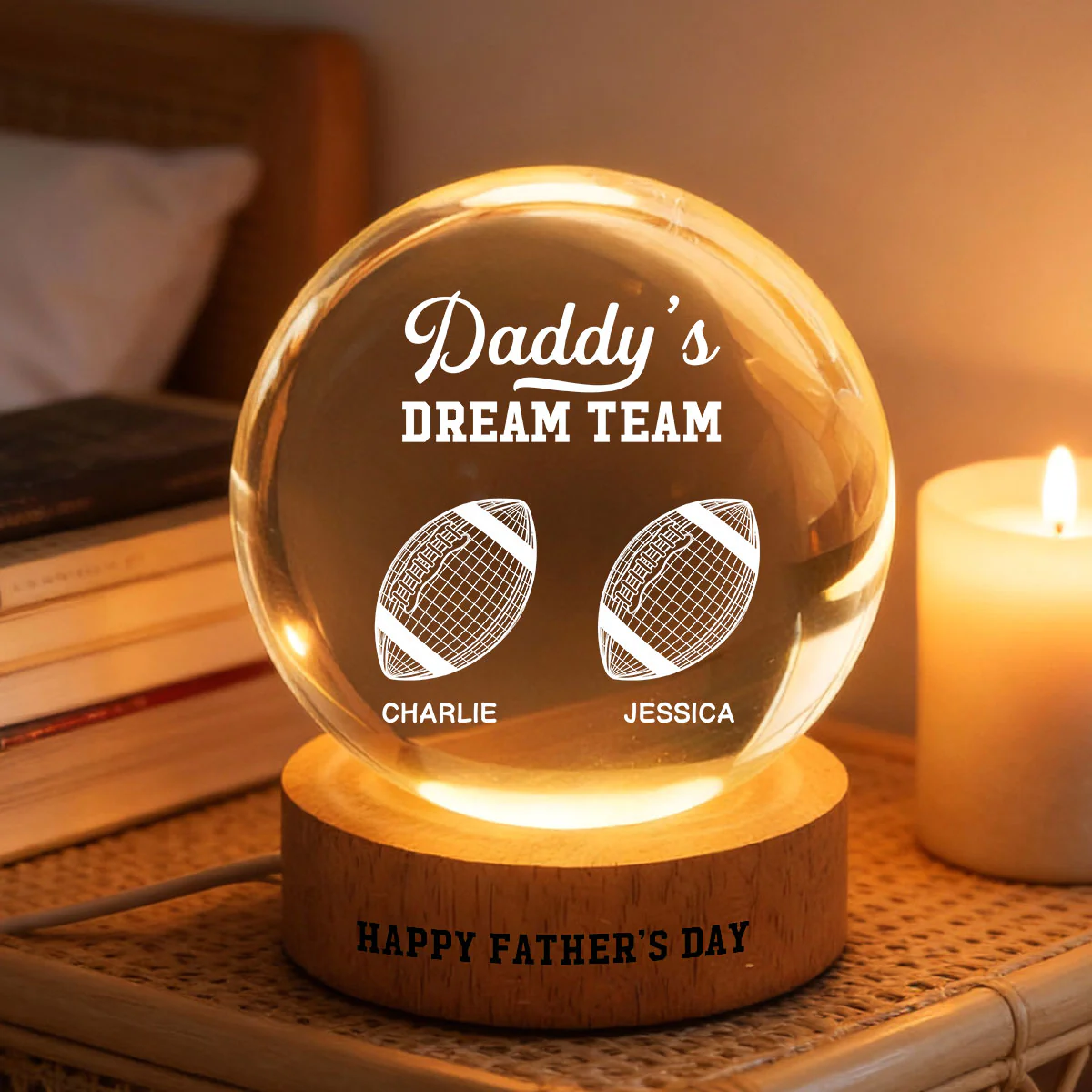 American Football Daddy's Dream Team Illusion Style - Personalized Crystal Ball LED Night Light - Gift For Dad, Husband - Image 8