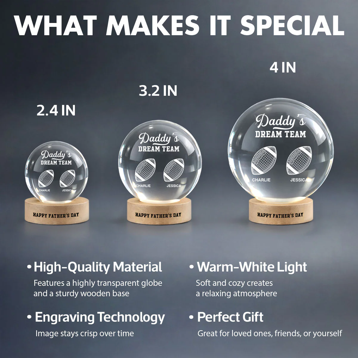 American Football Daddy's Dream Team Illusion Style - Personalized Crystal Ball LED Night Light - Gift For Dad, Husband - Image 9