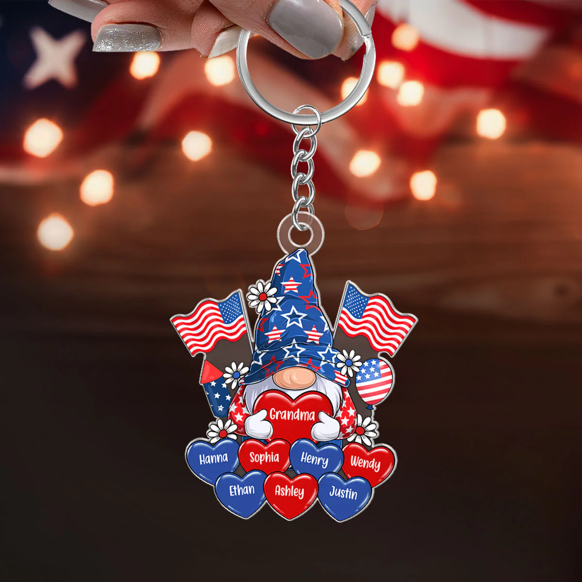American Gnome Grandma Mom Heart, 4th Of July Personalized Acrylic Keychain - Image 3