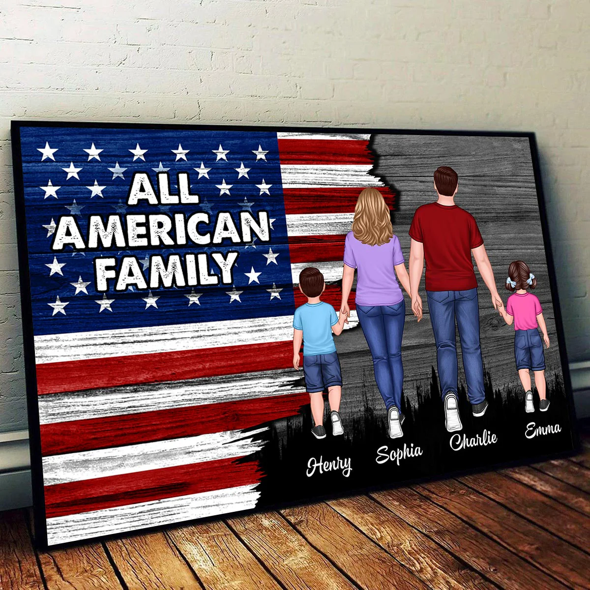 American Nation Flag Family Walking Back View Half Flag Concept 4th Of July Independence Day Personalized Poster - Image 2