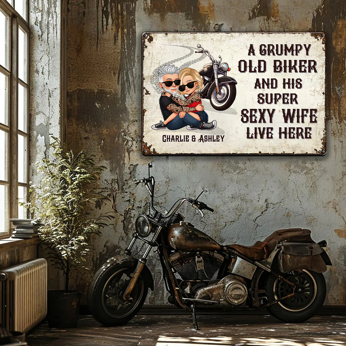 An Old Grumpy Biker and His Sexy Wife Live Here Personalized Metal Sign, Gift for Biker Couple - Image 7