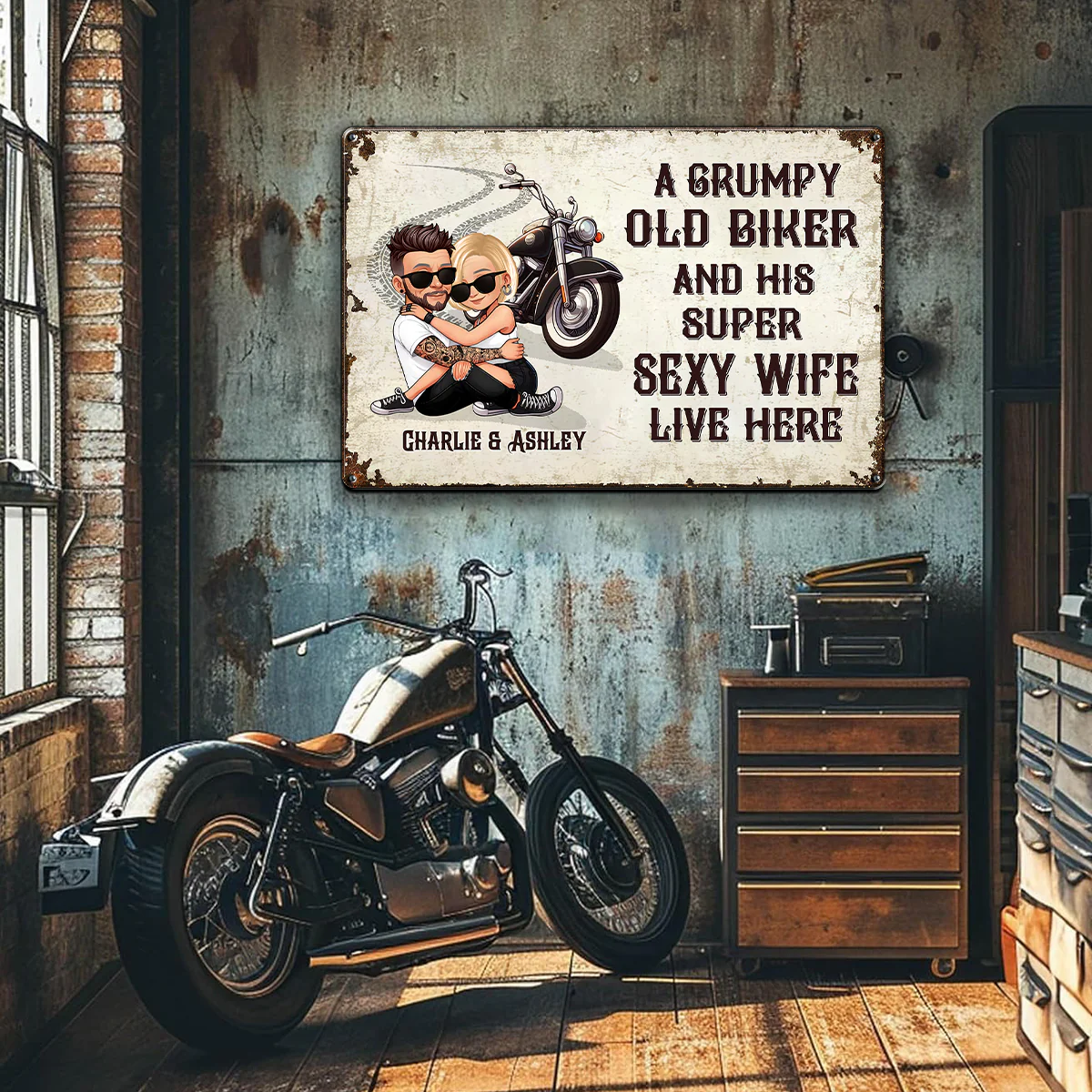 An Old Grumpy Biker and His Sexy Wife Live Here Personalized Metal Sign, Gift for Biker Couple - Image 8