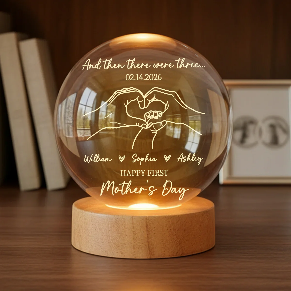 And Then There Were Three Happy First Mother's Day - Personalized Crystal Ball LED Night Light - First Mother's Day Gift For New Mom - Image 2