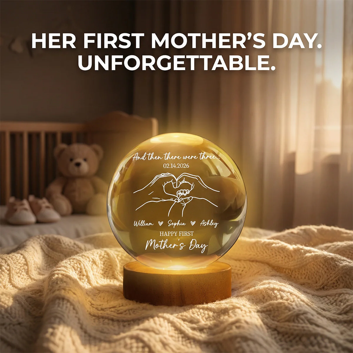 And Then There Were Three Happy First Mother's Day - Personalized Crystal Ball LED Night Light - First Mother's Day Gift For New Mom - Image 6