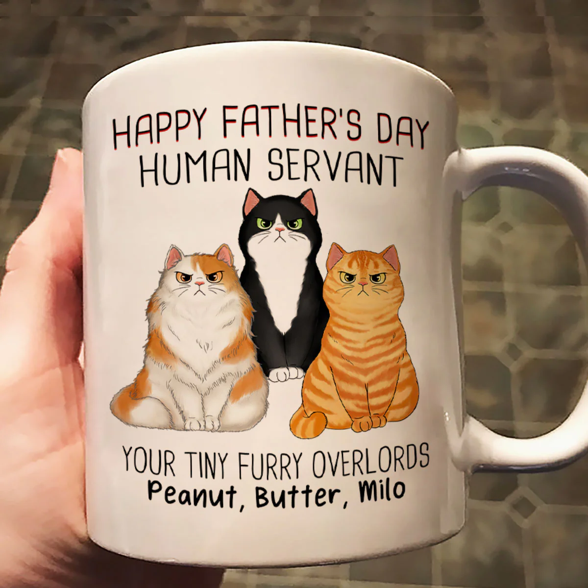 Angry Cats Happy Father‘s Day Cat Human Servant Personalized Mug - Image 2
