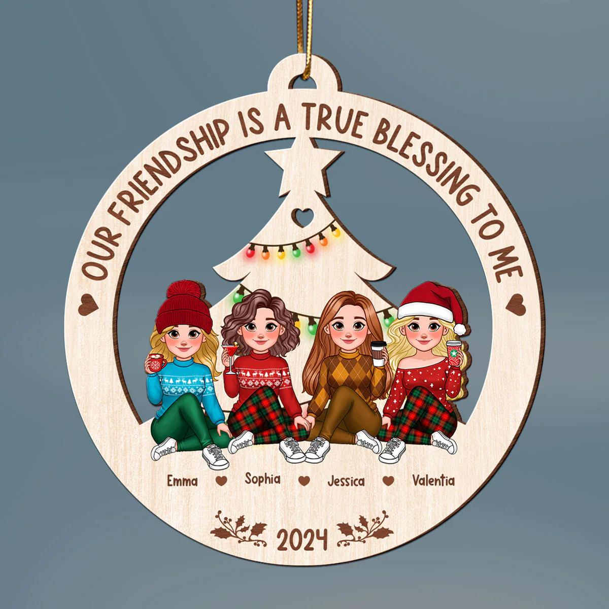 Animated Besties Christmas Tree Personalized Wooden Ornament, Christmas Gift For Best Friends - Image 2