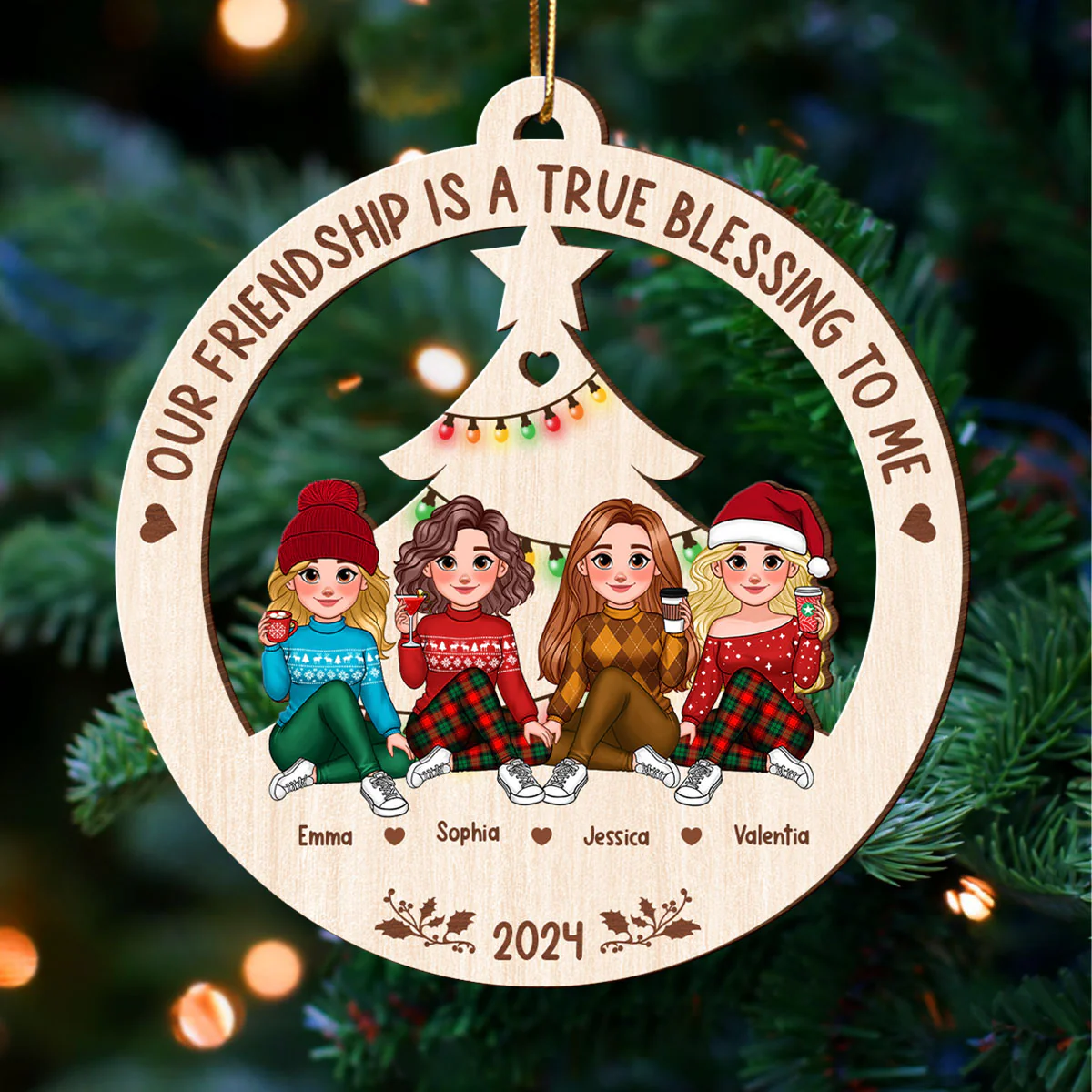 Animated Besties Christmas Tree Personalized Wooden Ornament, Christmas Gift For Best Friends - Image 4