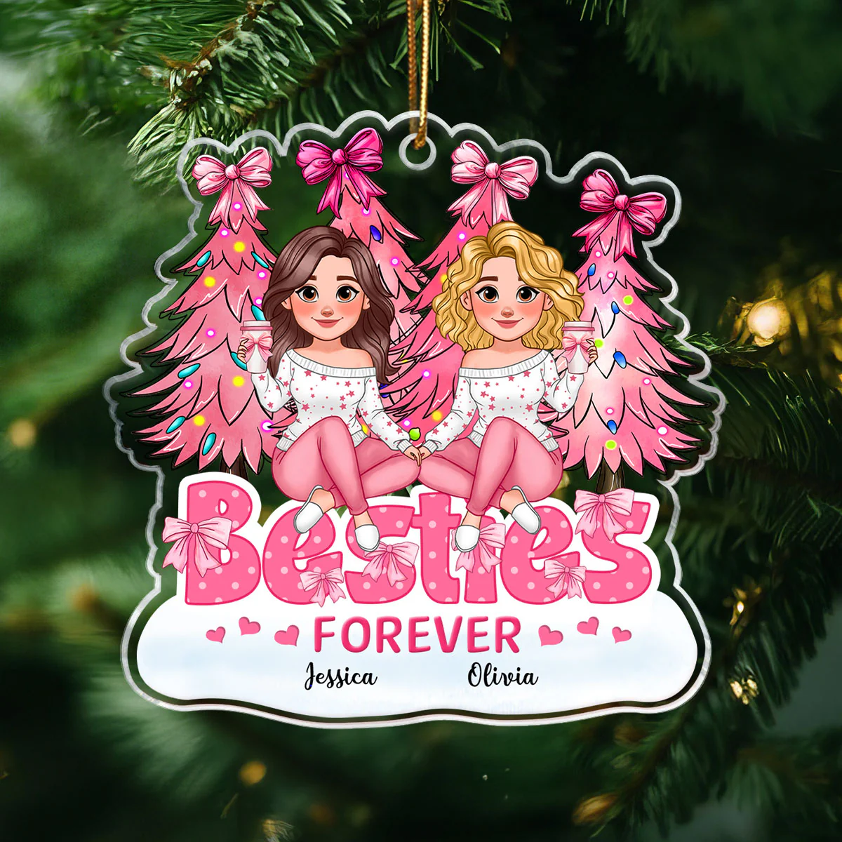 Animated Besties Forever Pink Christmas Tree Personalized Acrylic Ornament