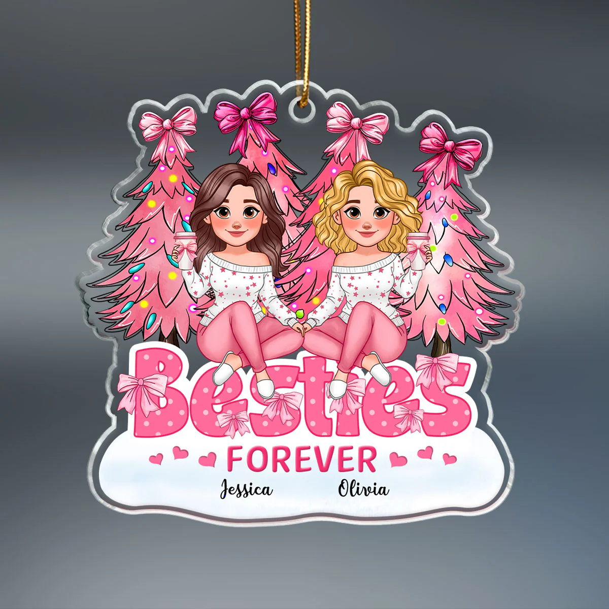 Animated Besties Forever Pink Christmas Tree Personalized Acrylic Ornament - Image 2