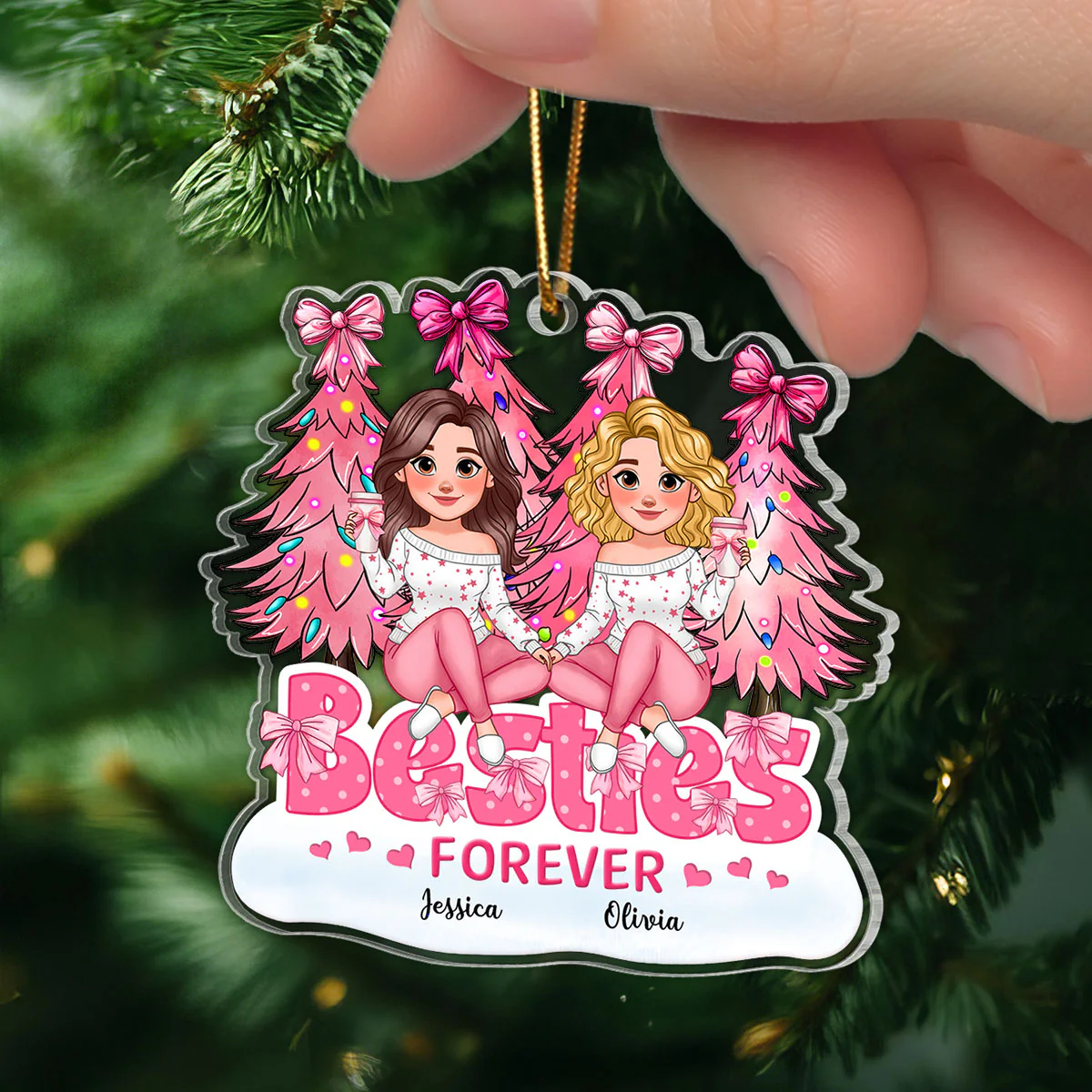 Animated Besties Forever Pink Christmas Tree Personalized Acrylic Ornament - Image 3