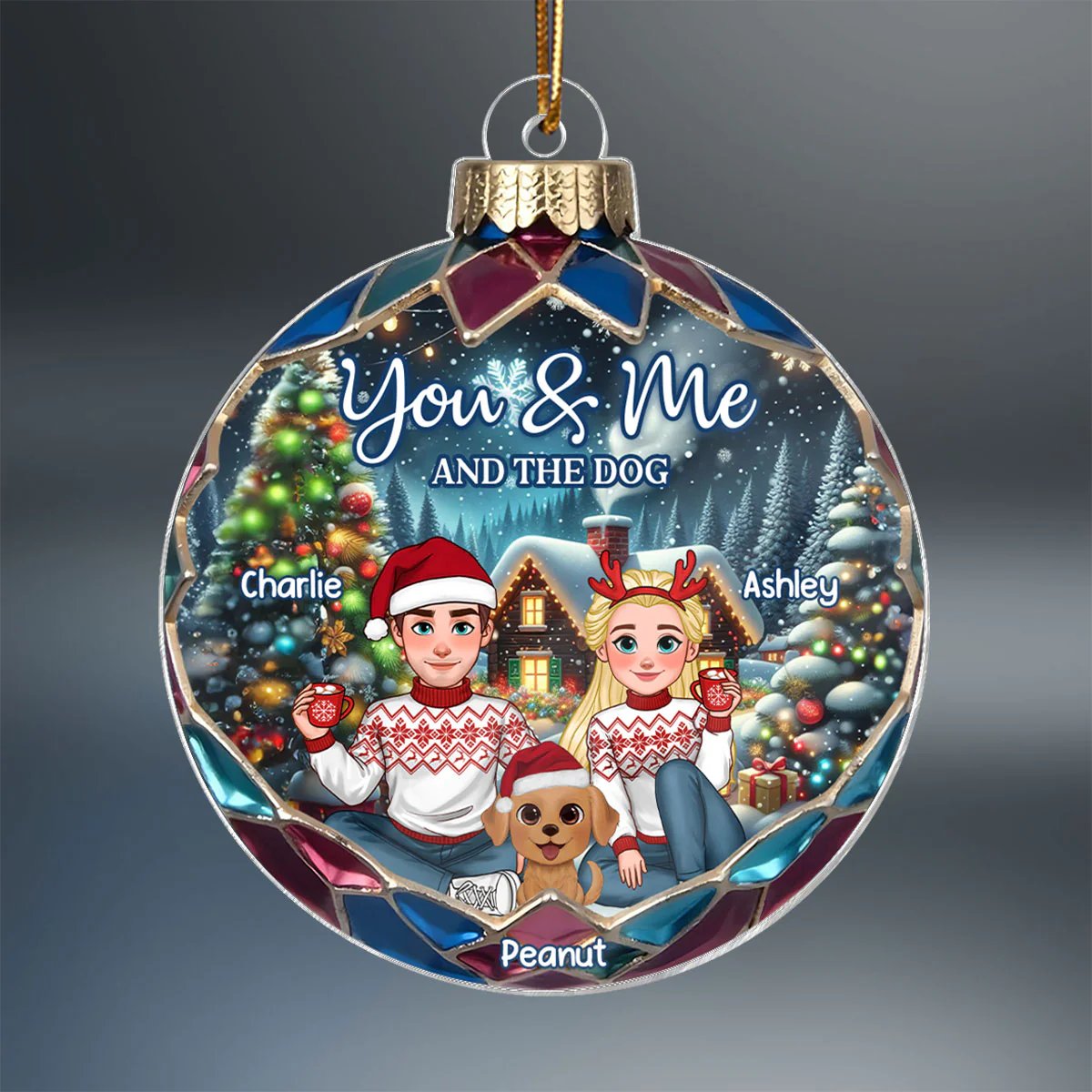 Animated Couple And Dogs Cats Beautiful Christmas Personalized Acrylic Ornament, Christmas Gift For Family - Image 2