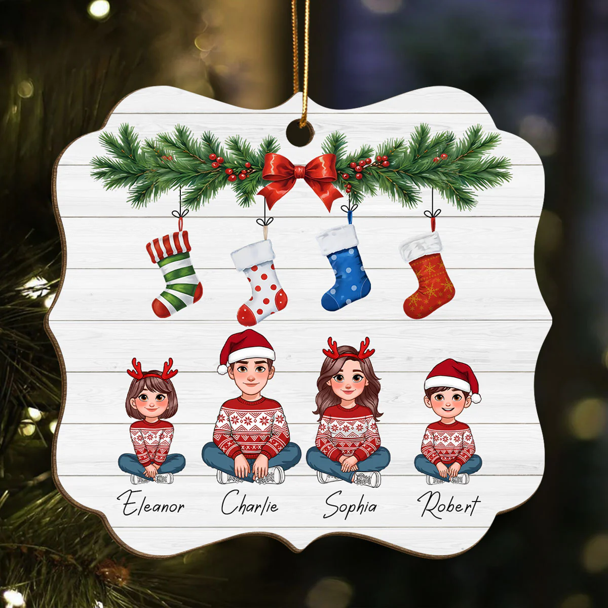 Animated Family Christmas Stockings Personalized Wooden Ornament
