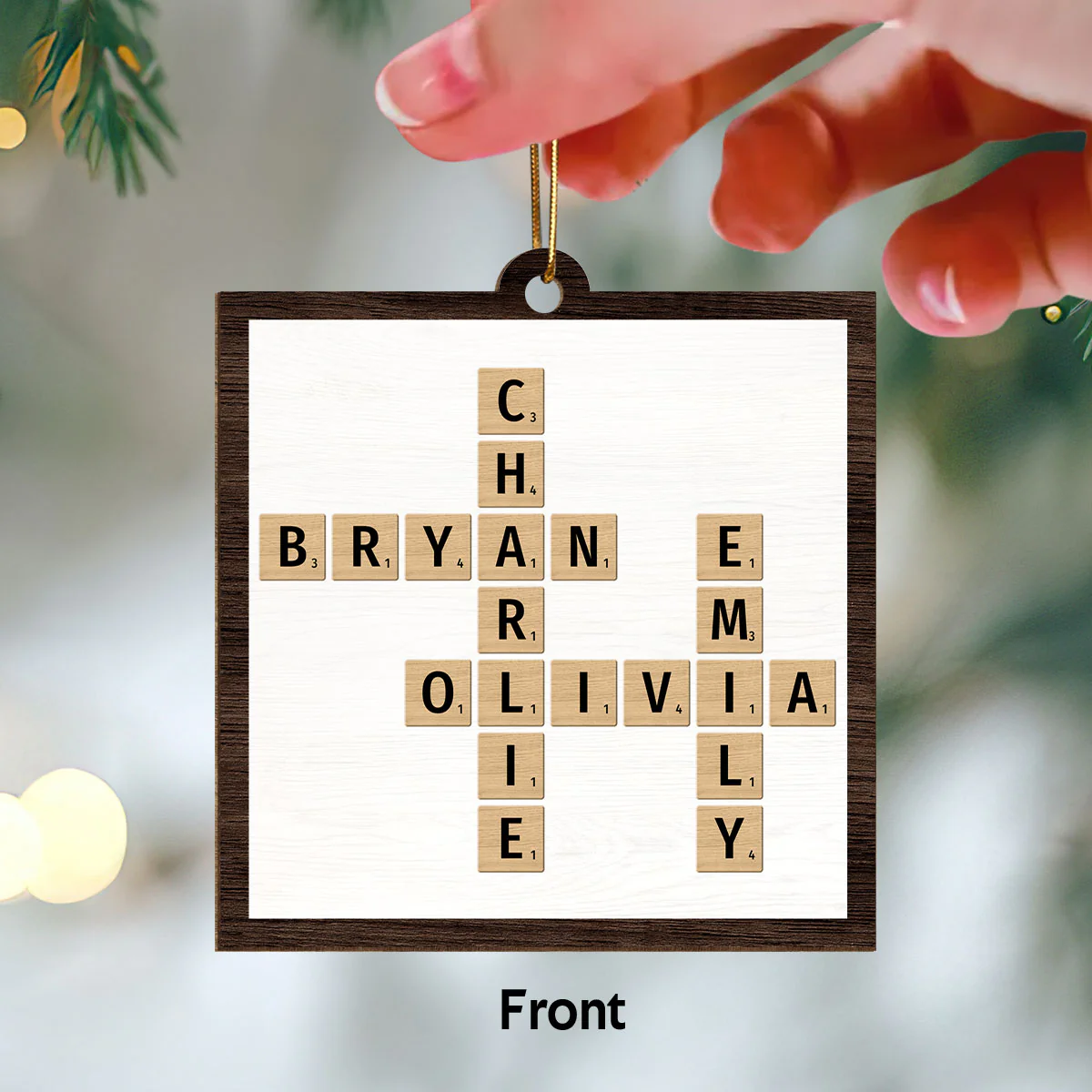 Animated Family Crossword Puzzle Art Personalized Double Sided Wooden Ornament - Image 2